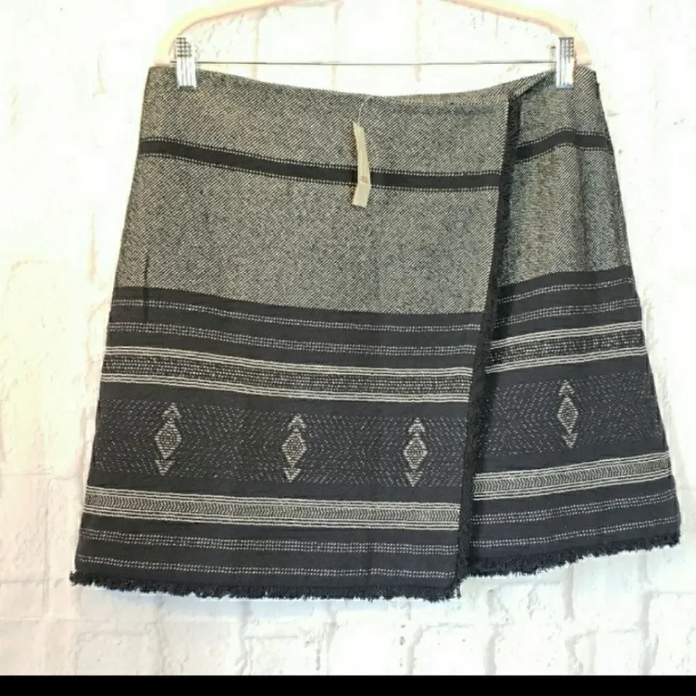 LOFT Navy Faux Wrap Fringed Skirt